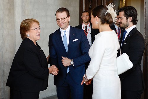 President Michelle Bachelet, Prins Daniel, Kronprinsessan och Prins Carl Philip vid lunchen i Stockholms stadshus.