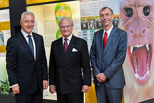 Kungen besöker Max Planck-institutet för evolutionär antropologi där professor Svante Pääbo (till höger) visar runt och presenterar verksamheten. Sachsens regeringschef Stanislaw Tillich deltar också i besöket.