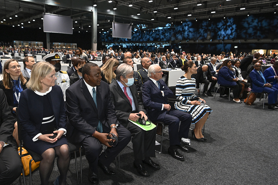 The King and The Crown Princess with Prime Minster Magdalena Andersson, President of Kenya Uhuru Kenyatta and UN Secretary-General António Guterres during the conference. 