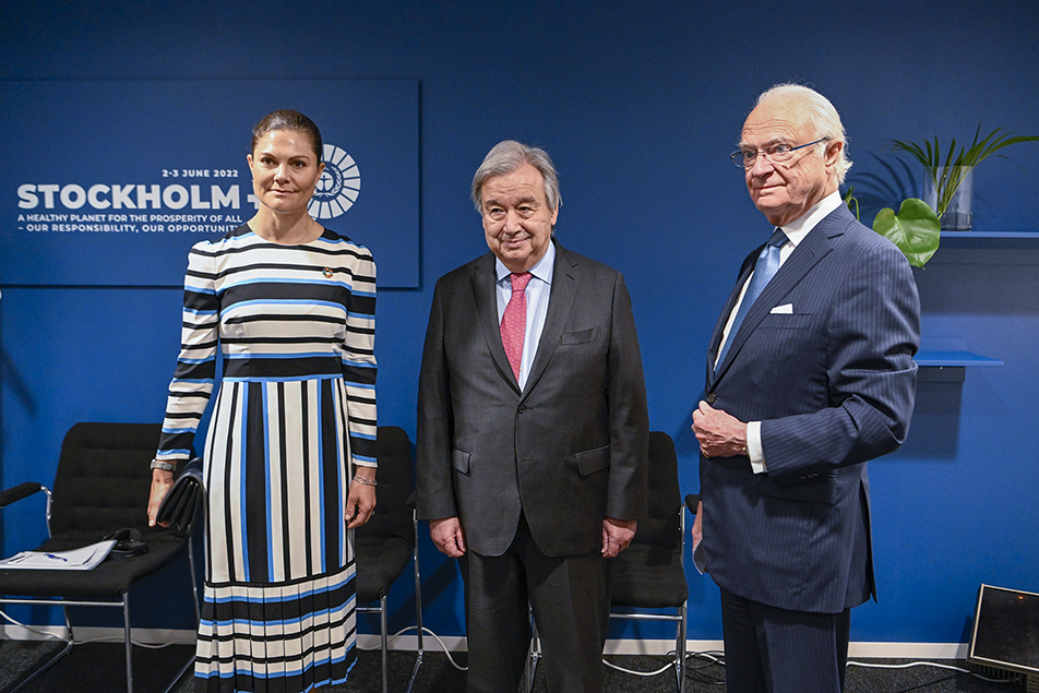 The King and The Crown Princess with UN Secretary-General António Guterres at the opening of Stockholm +50. 