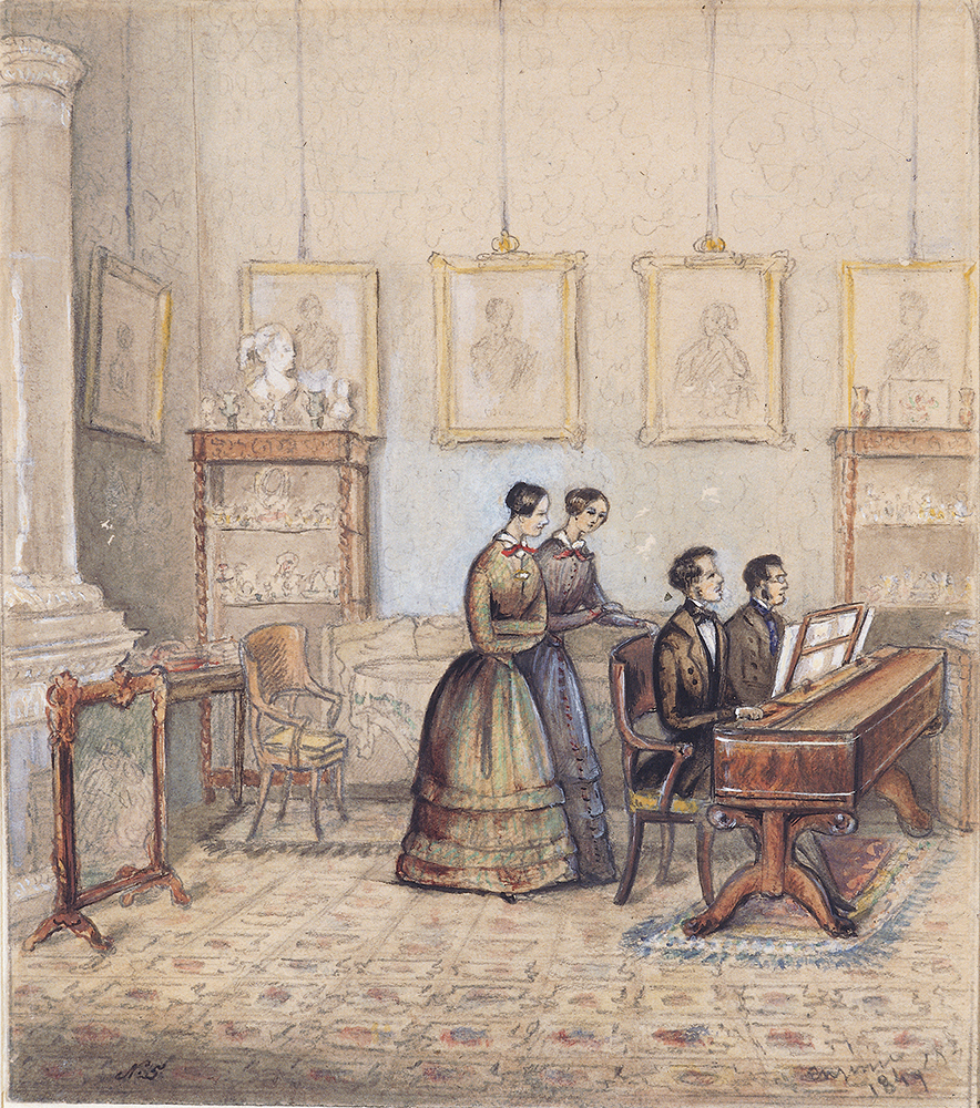 Teckning av prinsessan Eugénie: Sånglektion hos brodern prins Gustaf, vårvintern 1849. ”Bror Gustaf, Hofsångaren Herr Berg, Hoffröken Mathilda Bennet och Eugénie”. 