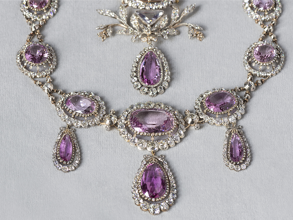 This necklace of brilliants and pink topaz was made in St Petersburg around 1800. 