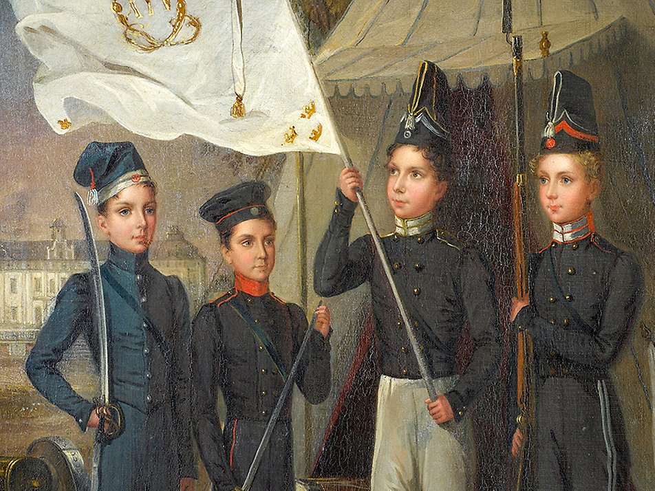 Fredrik Westins målning av Oskar I:s söner Karl, Gustav, Oskar och August som barn. I militära uniformer, stående framför Drottningholms slott.